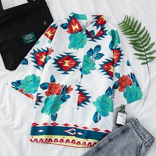 Elbow Sleeve Print Shirt As Shown In Figure - One Size