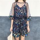 Floral Print Mesh-covered Elbow-sleeve Jumpsuit