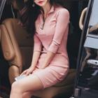 3/4-sleeve Zip-collar Mini Sheath Dress