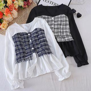 V-neck Panel Chiffon Long-sleeve Top
