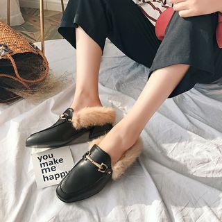 Furry Chunky-heel Mules