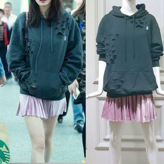 Distressed Hooded Pullover / Pleated Skirt