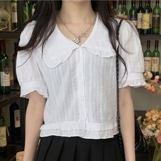 Short-sleeve Wood Ear Trim Peter Pan Collar Shirt White - One Size