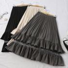 A-line Mesh Paneled Pleated Midi Skirt