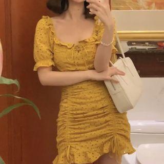 Puff-sleeve Drawstring Ruffle Trim Dress