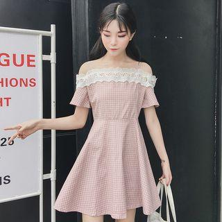 Check Cold Shoulder Short-sleeve A-line Dress