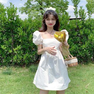 Open-back Puff-sleeve Mini A-line Dress White - One Size