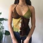 Halter-neck Color-block Ruffle-trim Mesh Camisole Top