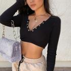Long Sleeve Ribbed Button-up Cropped Top