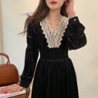 Long-sleeve V-neck Lace Trim Midi A-line Dress Black - One Size
