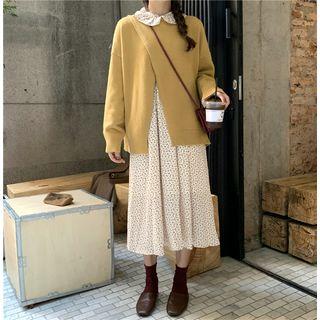 Side-slit Crew-neck Sweater / Flower Print Long-sleeve Midi A-line Dress
