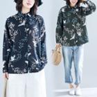 Long-sleeve Crane Print Blouse