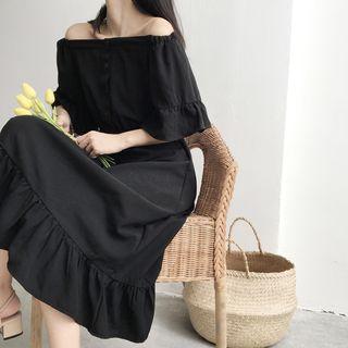 Plain Off-shoulder Ruffle A-line Midi Dress