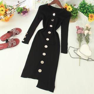 Buttoned Asymmetric Midi Knit Dress Black - One Size