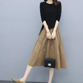 Set: Asymmetrical Drawstring Knit Top + Shirred A-line Skirt
