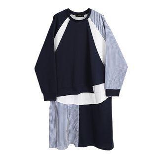 Long-sleeve Striped Panel Shift Dress Dark Blue & White - One Size