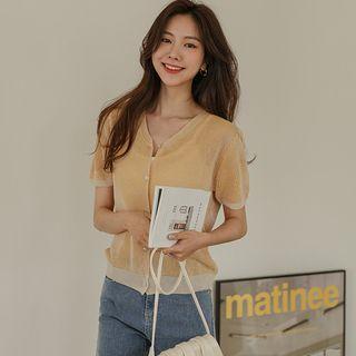 Puff-sleeve Piped Two-tone Cardigan