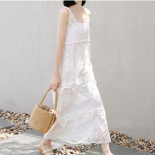 Sleeveless Perforated Lace A-line Midi Dress White - One Size