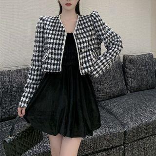 Plaid Button-up Jacket / Spaghetti Strap Dress