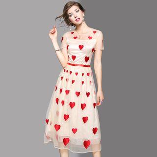 Love Heart Embroidered Tulle Midi Dress