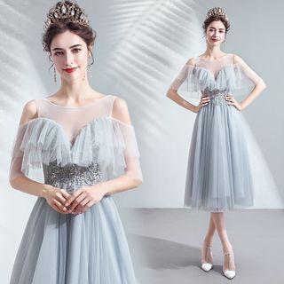 Elbow-sleeve Cold Shoulder Embellished Midi Prom Dress