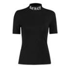 Mock-turtleneck Letter Embroidered Short-sleeve T-shirt