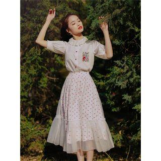 Set: Short-sleeve Embroidered Blouse + Midi Dotted A-line Skirt