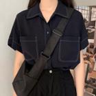 Short-sleeve Contrast Stitch Shirt As Shown In Figure - One Size