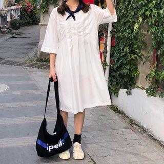 Elbow-sleeve Tie-neck Pintuck Dress