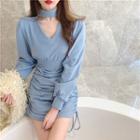 Shirred V-neck Long-sleeve Slim-fit Dress