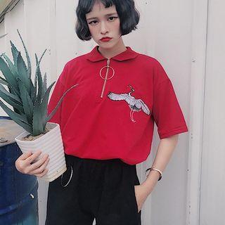 Elbow-sleeve Embroidered Collared Top
