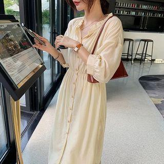 Ruffle Trim Long-sleeve Midi A-line Dress / Plain Blouse