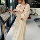 Ruffle Trim Long-sleeve Midi A-line Dress / Plain Blouse