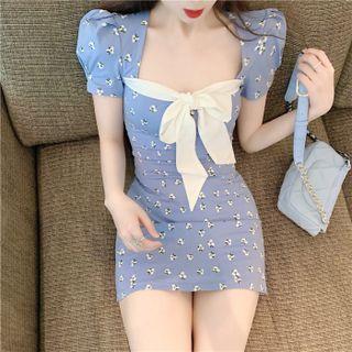 Square-neck Ribbon Flower Print Dress