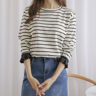Pleated-cuff Stripe T-shirt