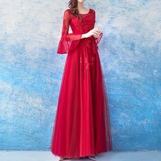 Lace Applique Bell-sleeve A-line Evening Gown