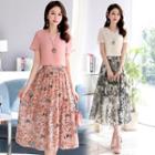 Set: Short-sleeve Top + A-line Floral Midi Skirt
