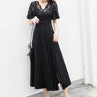 Lace Short Sleeve Side Slit A-line Midi Dress