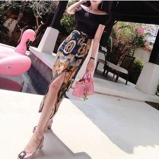 Set: Short-sleeve Off Shoulder Tee + Slit Printed Midi Skirt