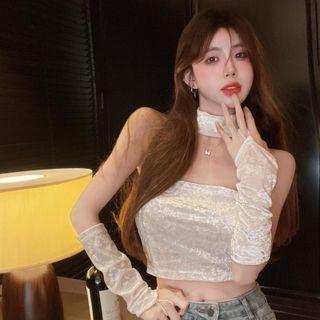 Set: Cropped Halter Top + Fingerless Gloves White - One Size