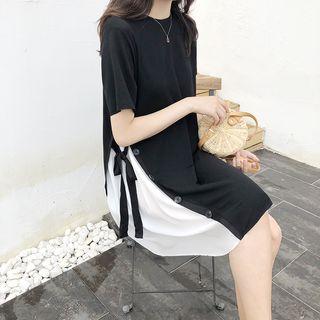 Short-sleeve Asymmetric Chiffon Paneled Mini Dress