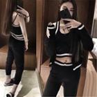 Set: Contrast Trim Tank Top + Cardigan + Pants