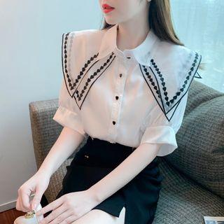 Puff-sleeve Heart Print Collar Blouse