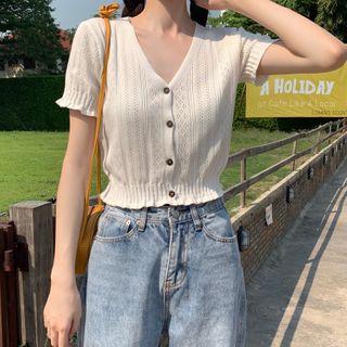 Short-sleeve Button Crocheted Knit Top
