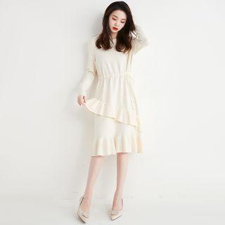Long-sleeve Frill Trim Knit Midi A-line Dress