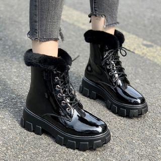 Faux Leather Furry Trim Lace-up Short Boots