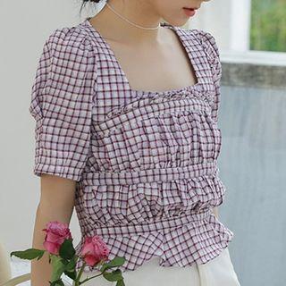 Square Collar Frilled Plaid Cropped Top