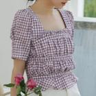 Square Collar Frilled Plaid Cropped Top