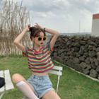 Striped Short-sleeve Crop Top As Shown In Figure - One Size