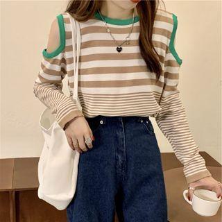 Long-sleeve Off-shoulder Stripe Contrast Trim Loose Fit Knit Top